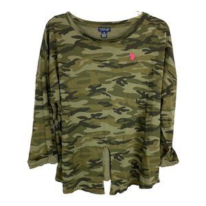 US Polo Womens Shirt Size Medium Green Camo Cuffed 3/4 Sleeve Knit Top Tee
